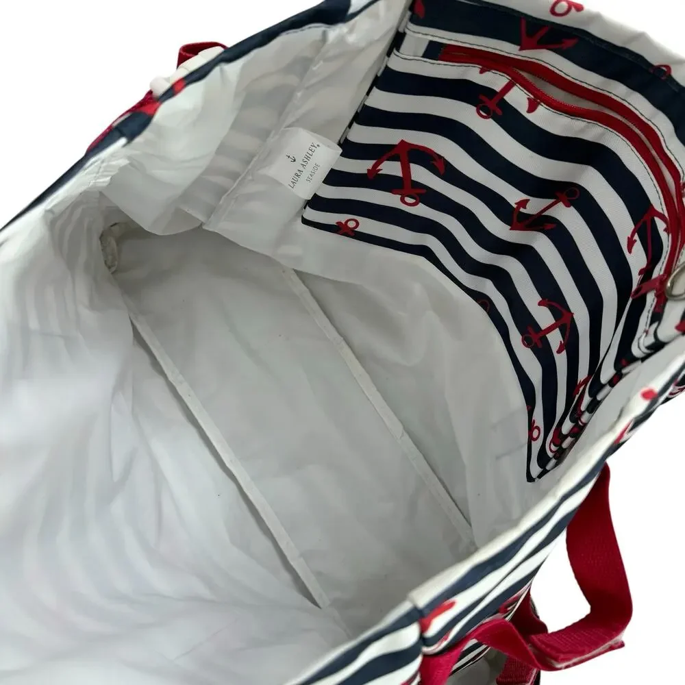 LAURA ASHLEY Seaside Blue White Red Anchor Lined Beach Tote Swim Bag Lined - Picture 4 of 13